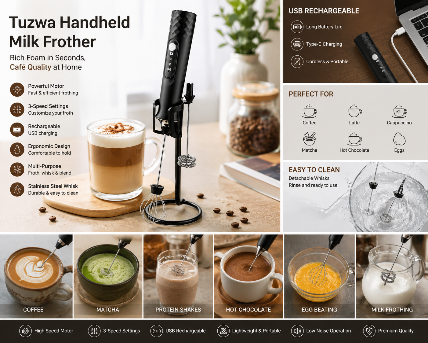 WhiskWave Rechargeable Milk Frother | Effortless Foam for Lattes & More