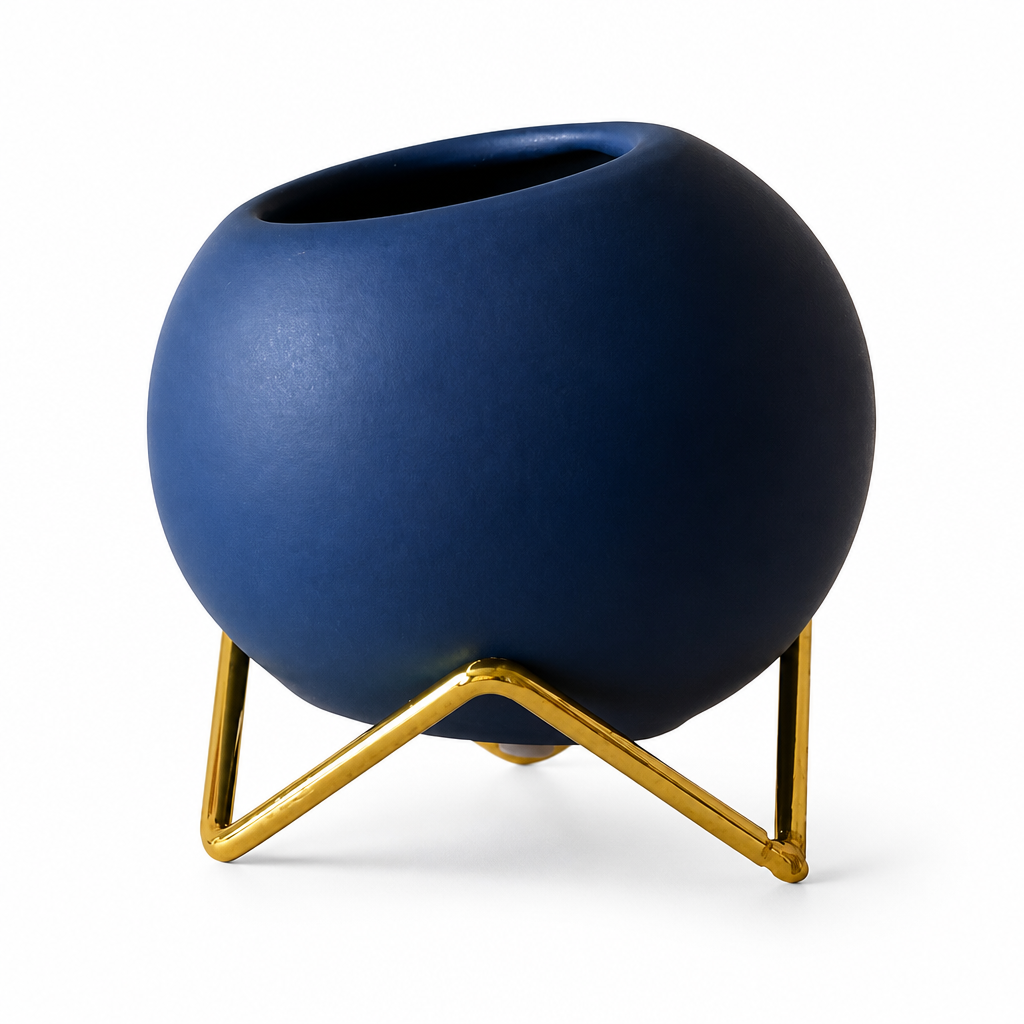 Vibrant Abstract Ceramic Planter Pot With Galvanized Steel Stand