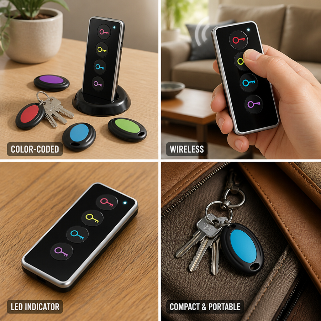 Wireless 131ft Range LED Key Finder (4 Color-Coded Receivers)