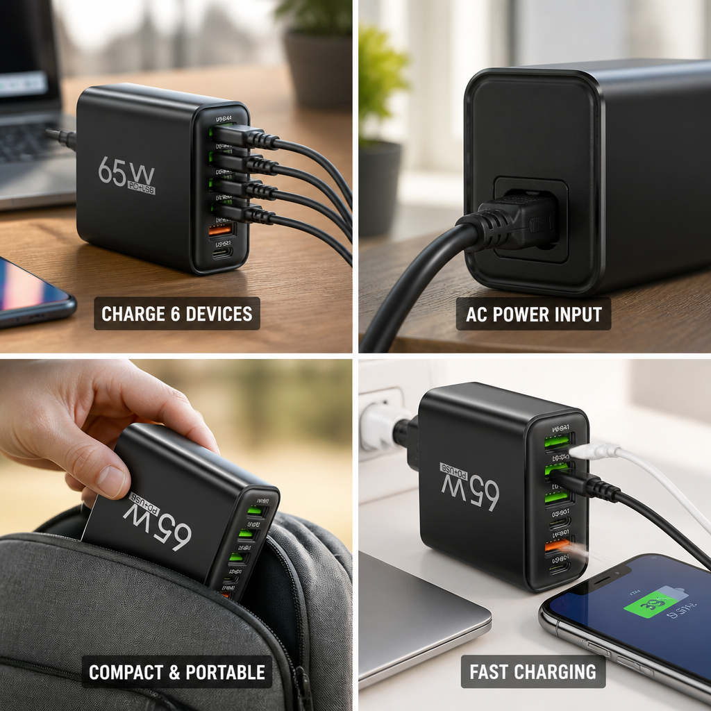 Compact 6-Port USB-C & USB-A Charging Hub
