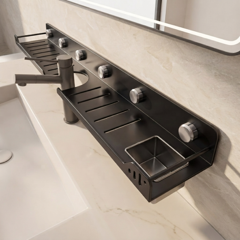 Wall-Mounted Bathroom Organizer with Vacuum Suction Support