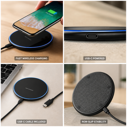 30W Fast-Charge Qi-Compatible Wireless Charging Pad (USB-C Cable Included)
