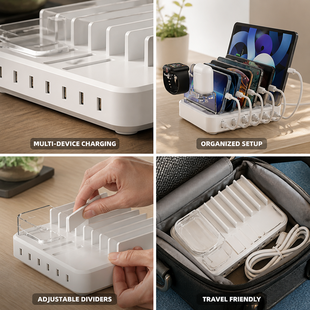 Multi-Port Charging Station With Adjustable Dividers