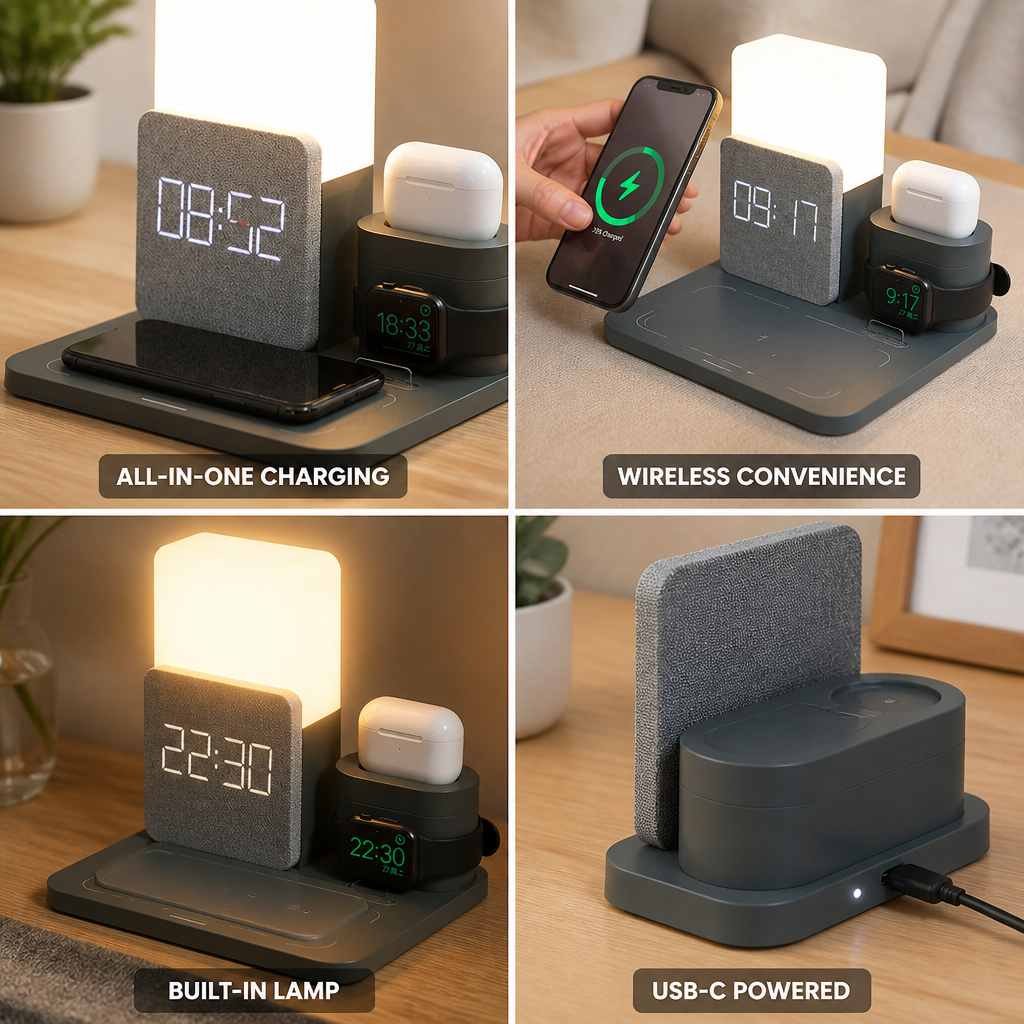Wireless Multi-Device Charging Station (Clock, Watch Dock & Lamp)