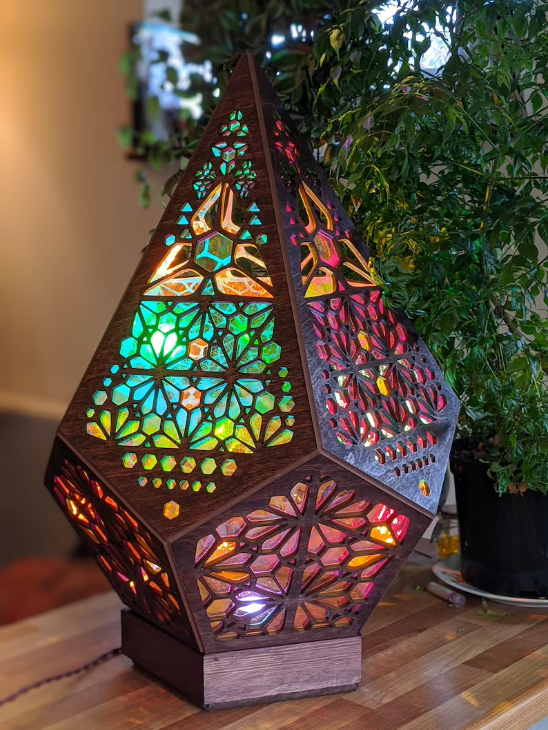 LED Table Lamp with Glass and Leaded Design