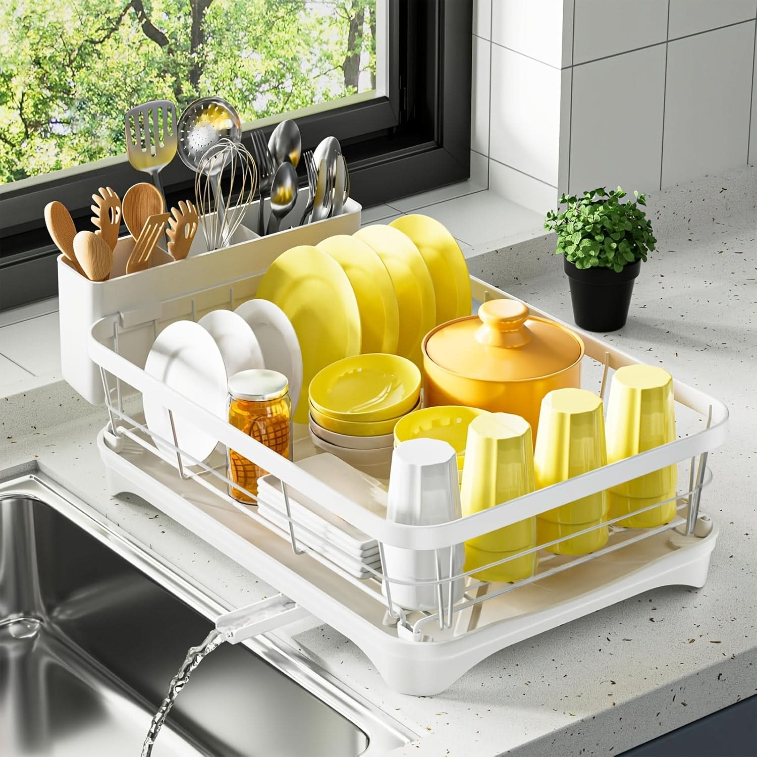 Sleek Dish Drying Rack with Built-In Utensil Organizer