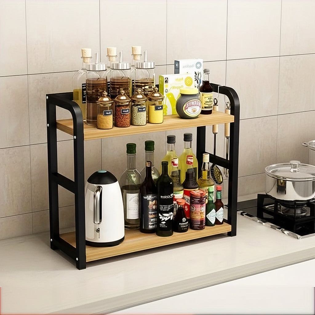 Stylish 2-Tier Metal and Wood Countertop Storage Solution