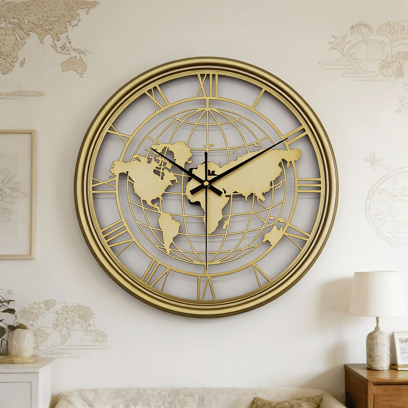 Elegant Metal Wall Clock with World Map Design