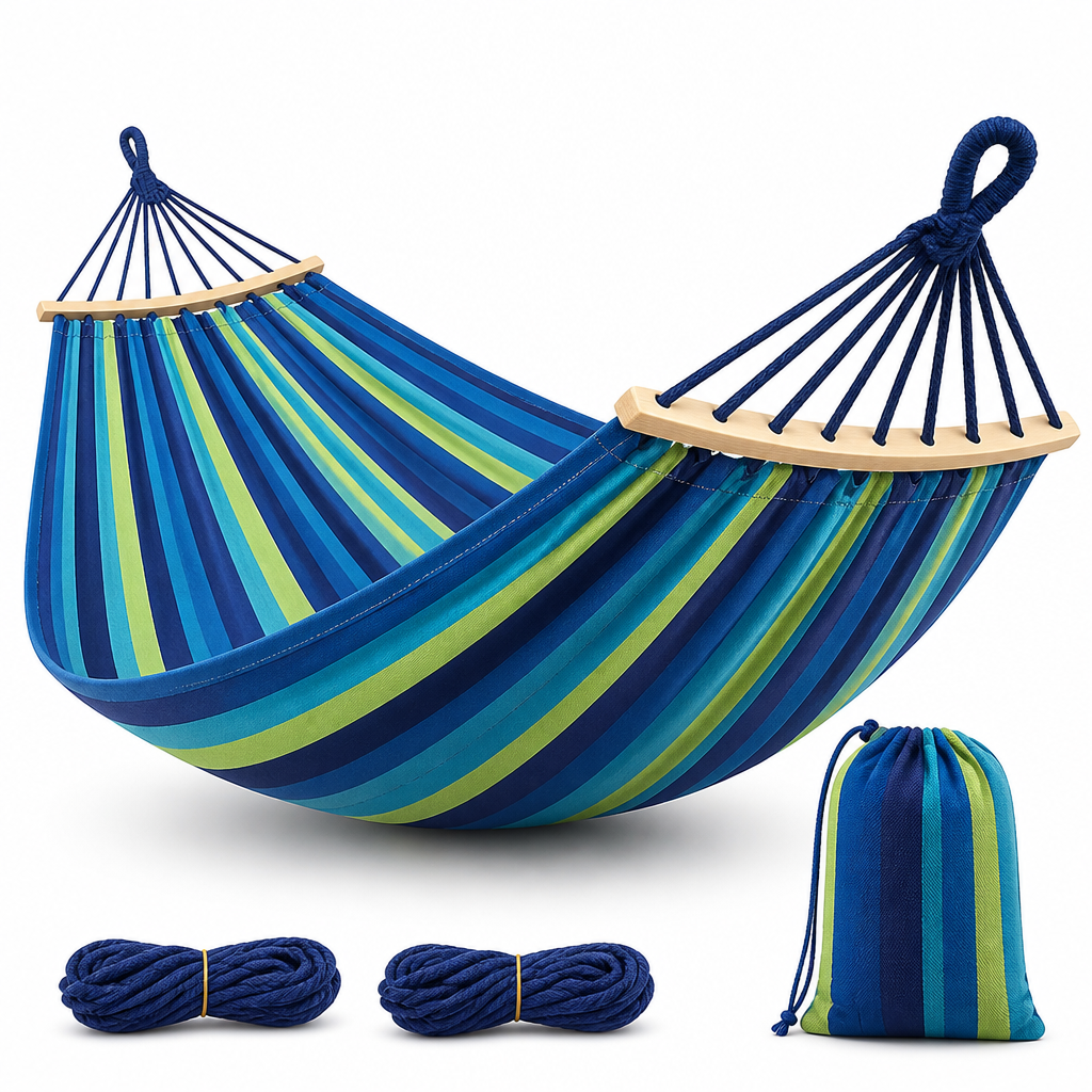 Canvas Camping Hammock with Curved Wooden Spread Bars
