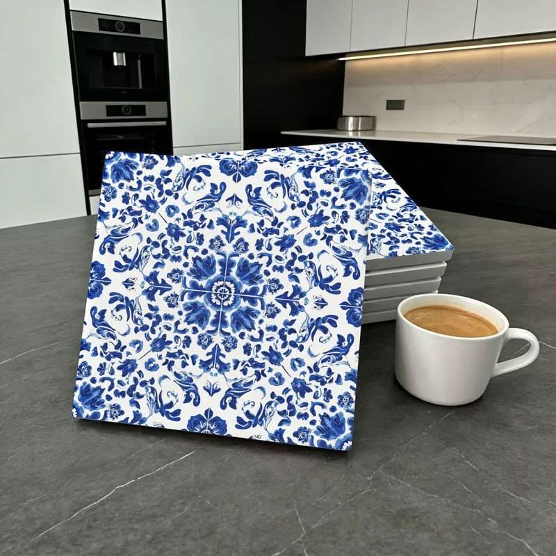 Elegant Blue & White Ceramic Tiles with Floral Design