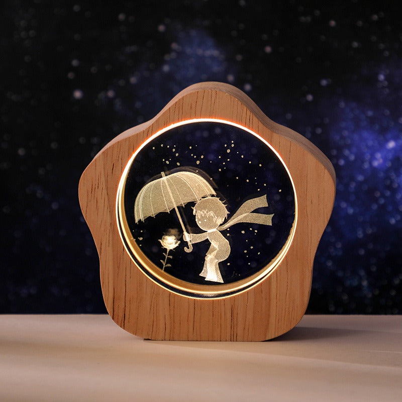 Elegant 3D Crystal Night Light with Wooden Stand - USB Powered