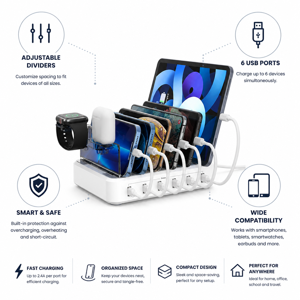 Multi-Port Charging Station With Adjustable Dividers