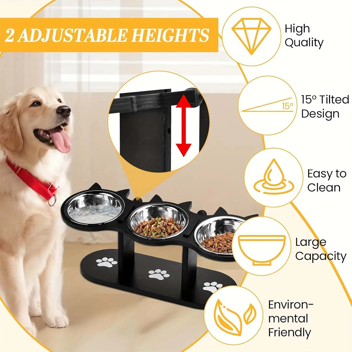 Elevated Pet Feeder with 3 Stainless Steel Bowls
