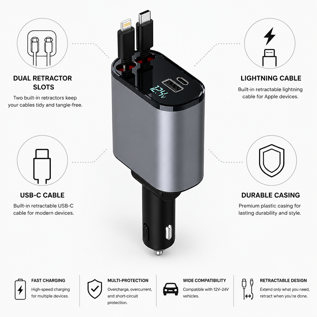 Dual Retractable Lightning & USB-C Car Charger