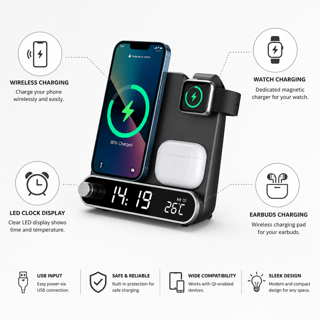 Multi-Pad LED Clock Wireless Charger