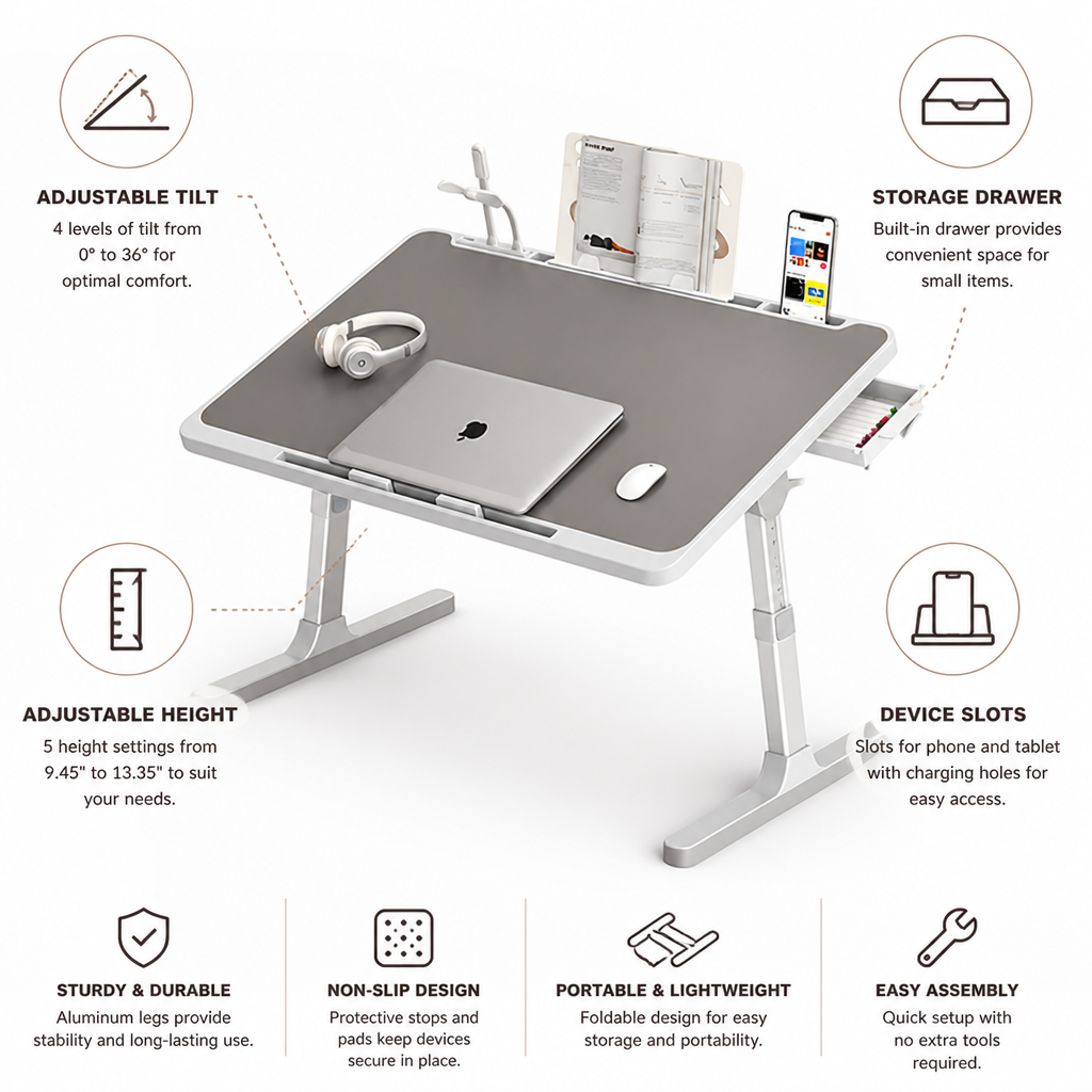 Adjustable Height Bed Laptop Stand With Aluminum Legs