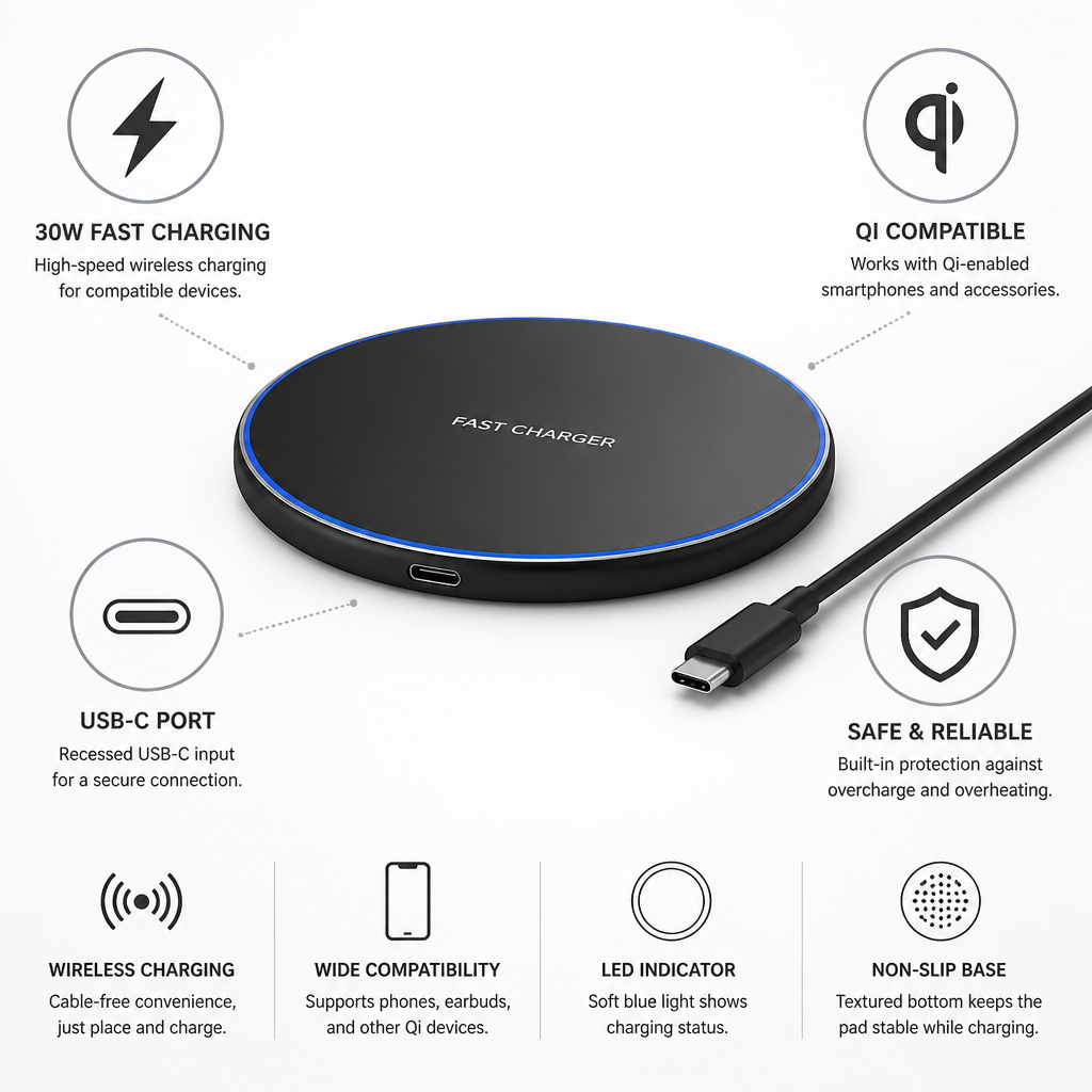 30W Fast-Charge Qi-Compatible Wireless Charging Pad (USB-C Cable Included)
