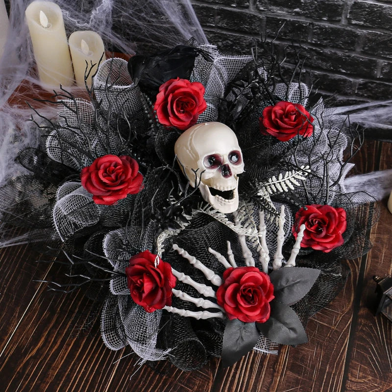 Gothic Elegance Halloween Rose and Skull Door Wreath