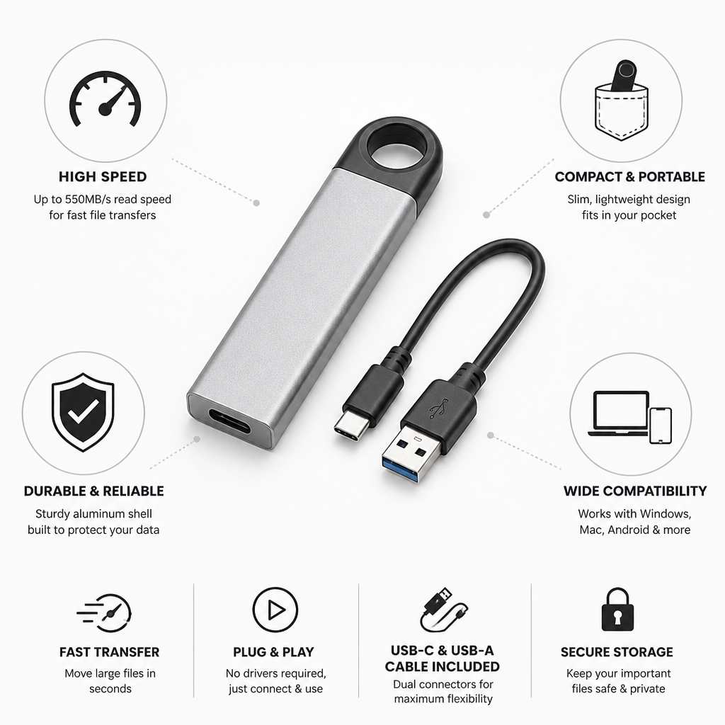 High-Speed Compact Portable SSD (USB-C & USB-A Cable Included)