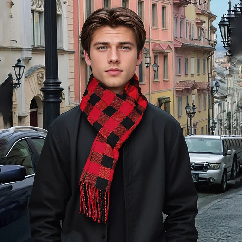 Elegant Plaid Cashmere Blend Winter Scarf for Men