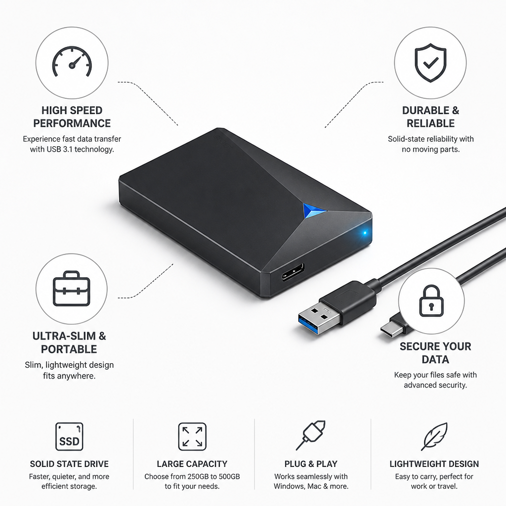 Ultra-Slim USB External SSD (250–500GB)
