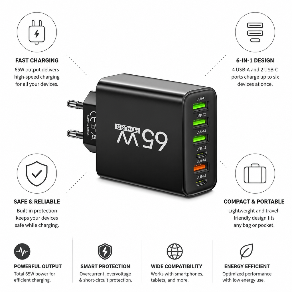 Compact 6-Port USB-C & USB-A Charging Hub