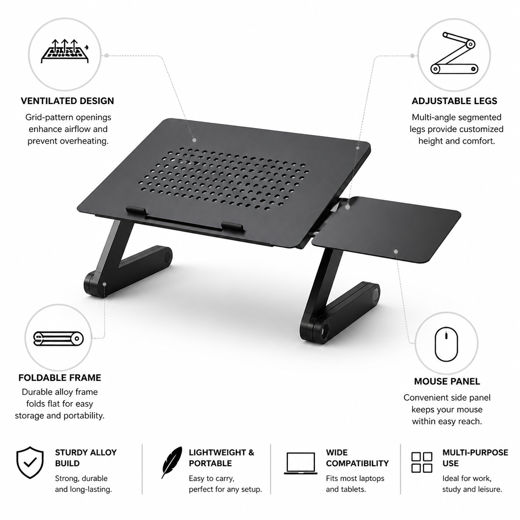 Adjustable Foldable Ventilated Laptop & Tablet Stand (With Mouse Panel)