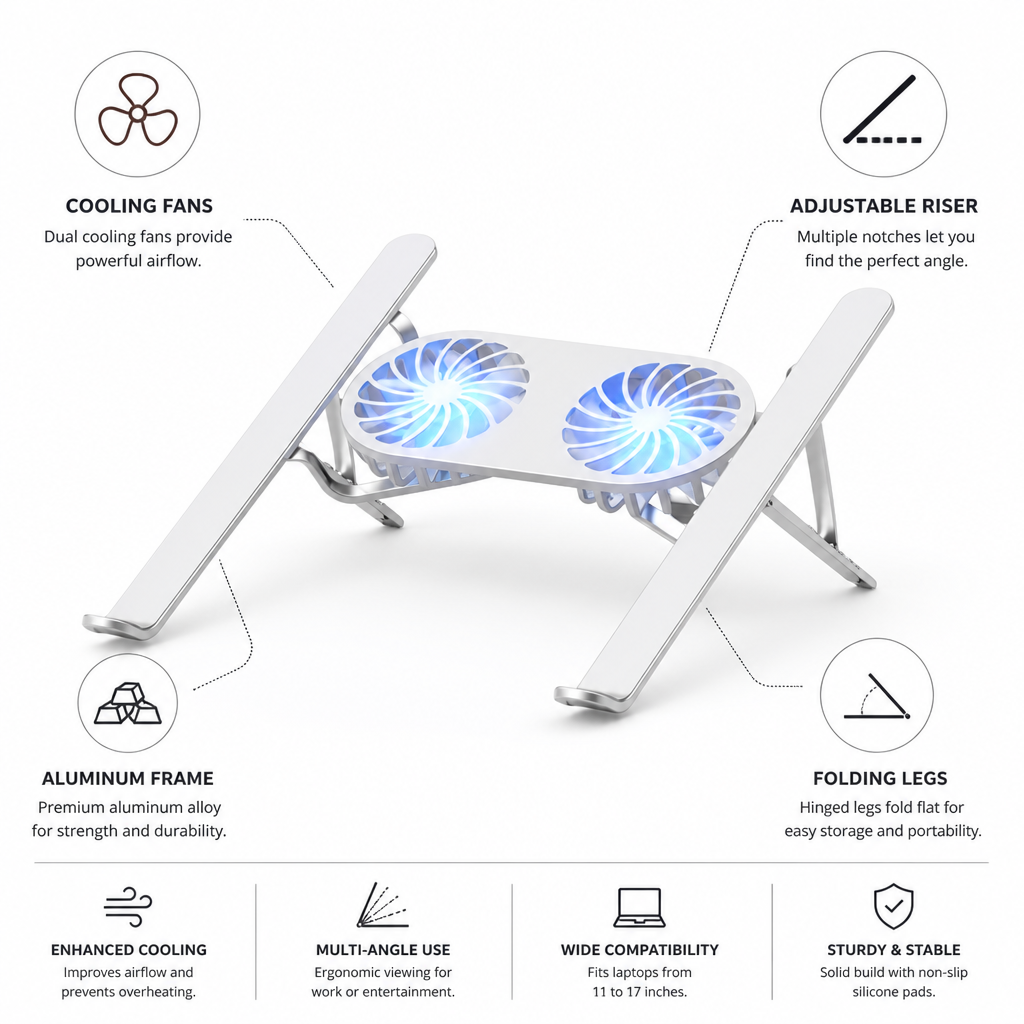 Adjustable Aluminum Laptop Stand With Dual Cooling Fans