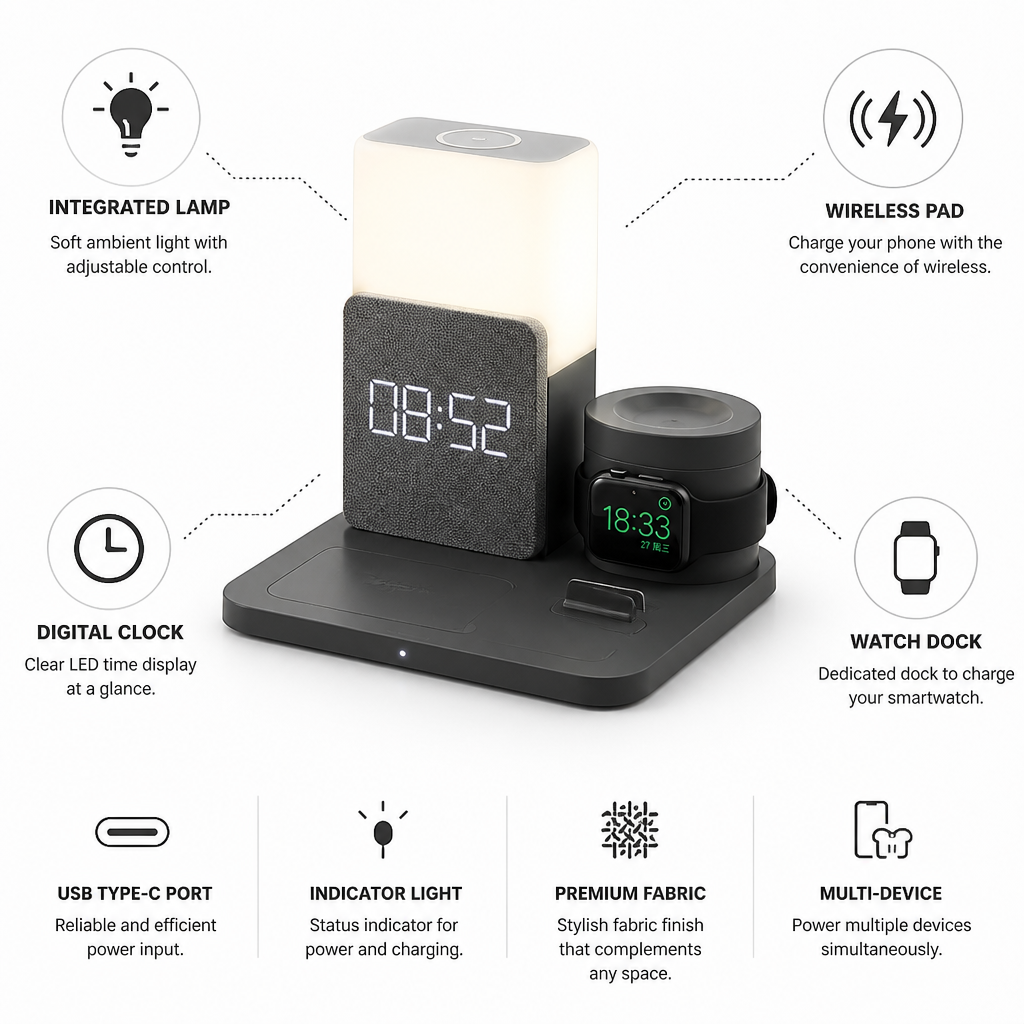 Wireless Multi-Device Charging Station (Clock, Watch Dock & Lamp)