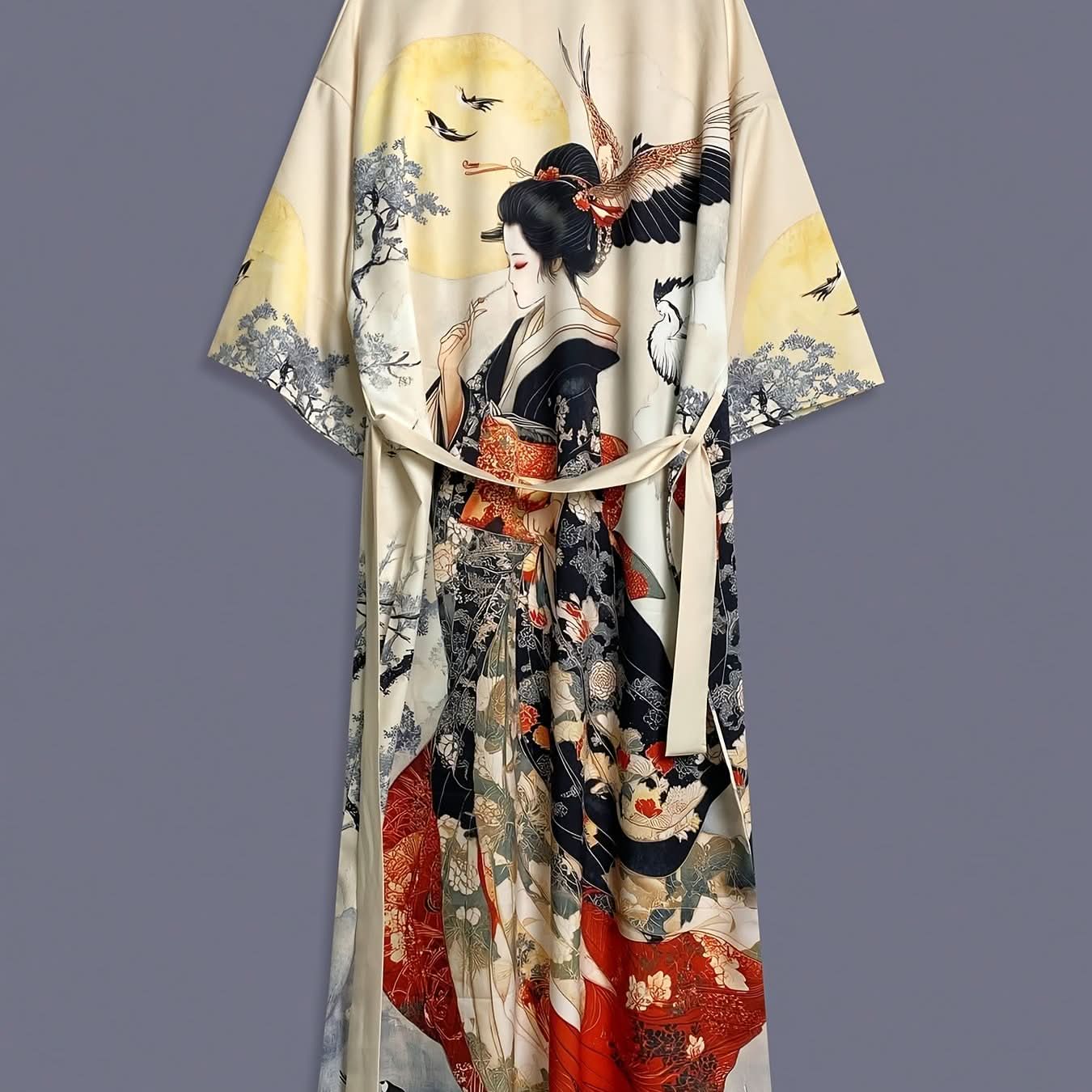 Elegance Unveiled - Artistic Satin Kimono Cover-Up