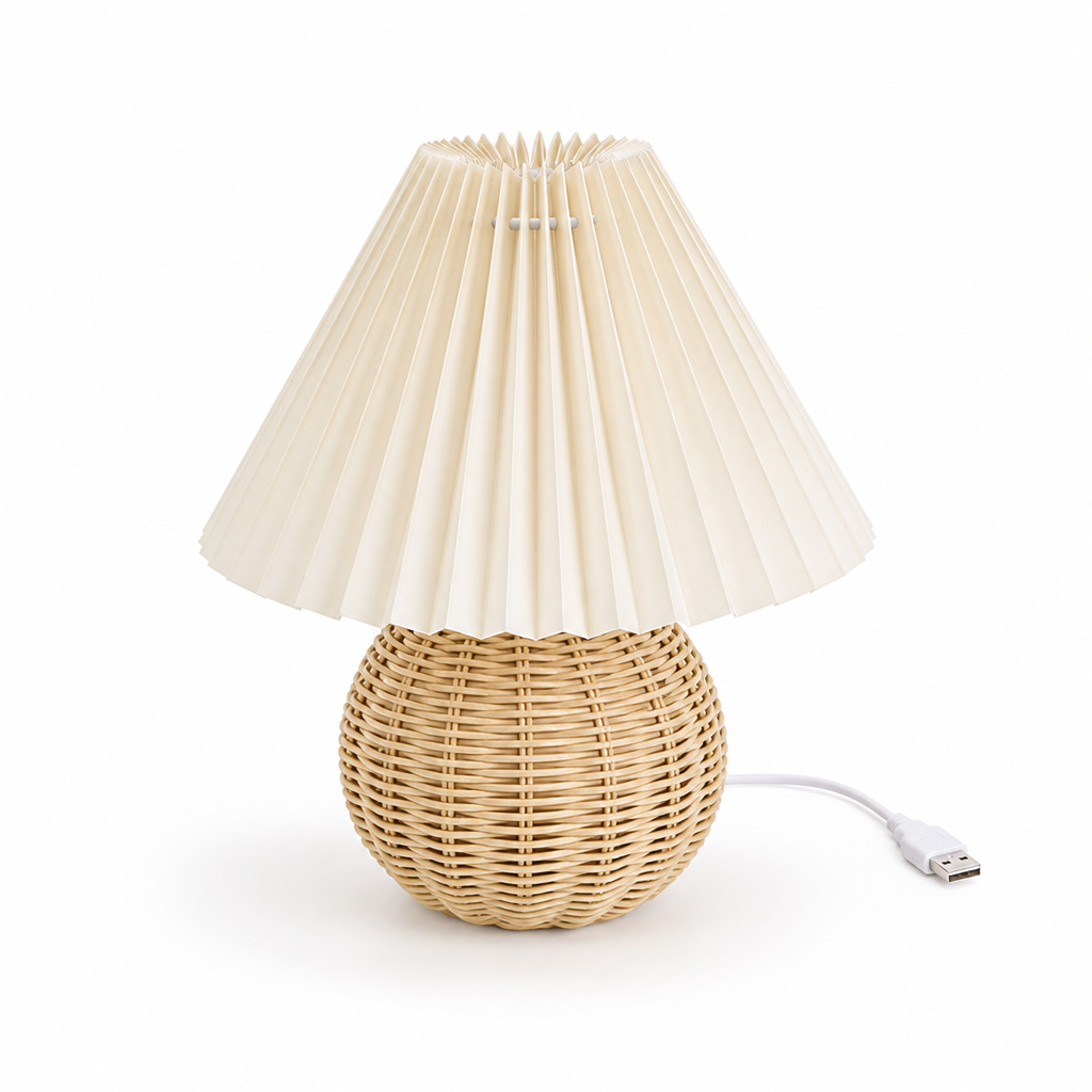 Pleated Fabric Shade & Rattan Base Table Lamp (USB Plug-In)