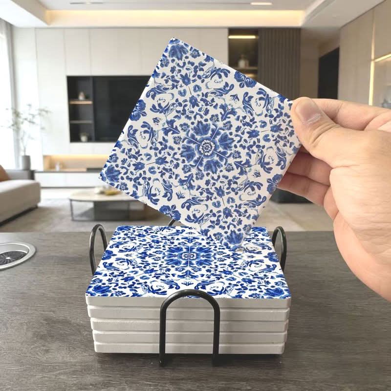 Elegant Blue & White Ceramic Tiles with Floral Design