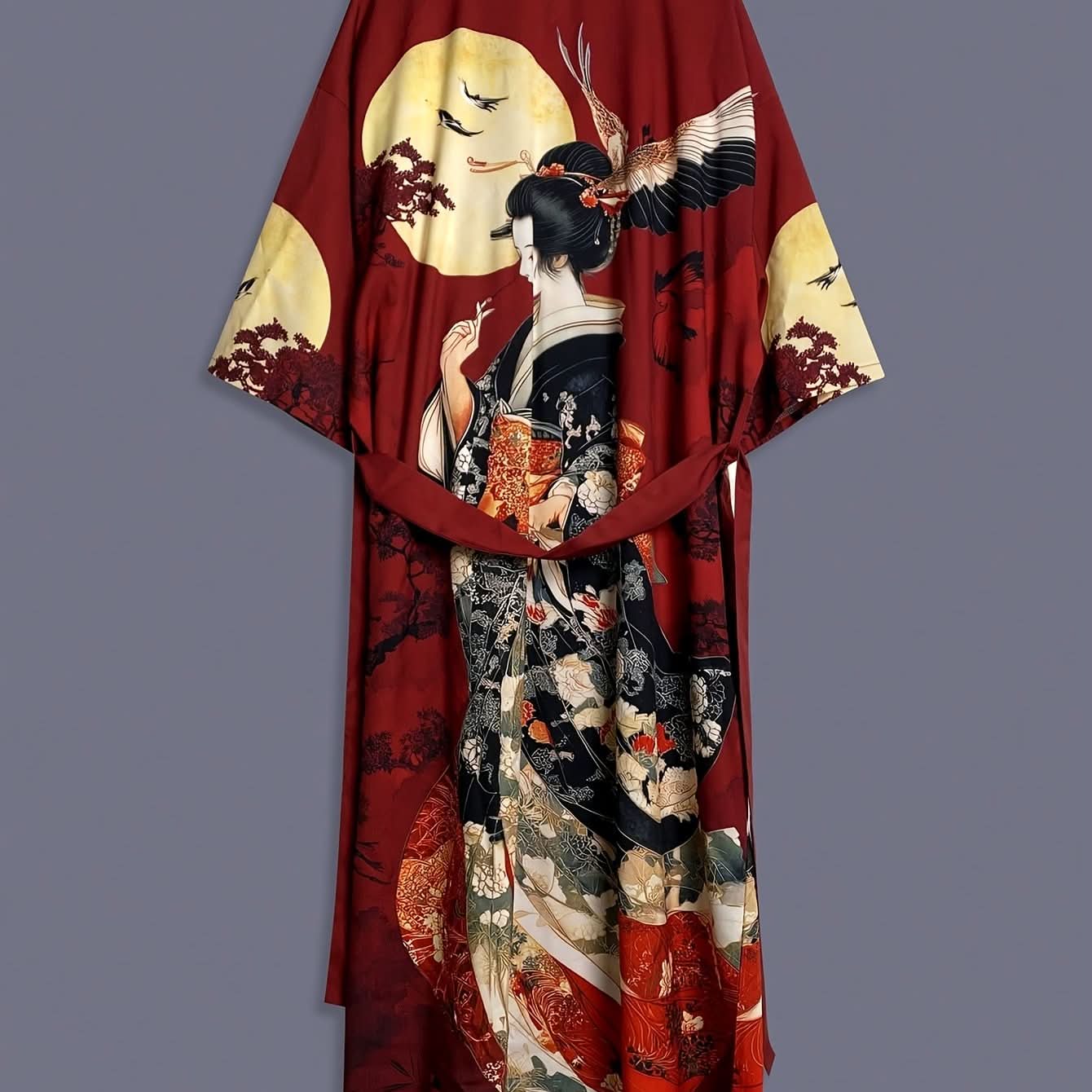 Elegance Unveiled - Artistic Satin Kimono Cover-Up