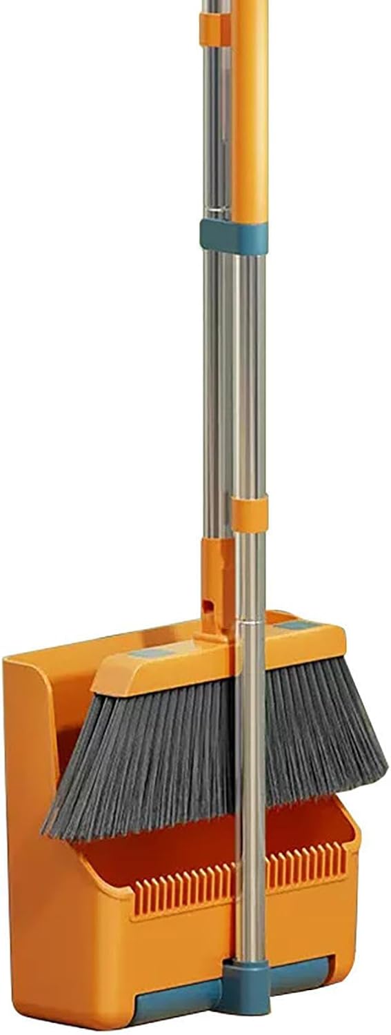 Broom and Dustpan Set with Long Handle and 180° Swiveling Head