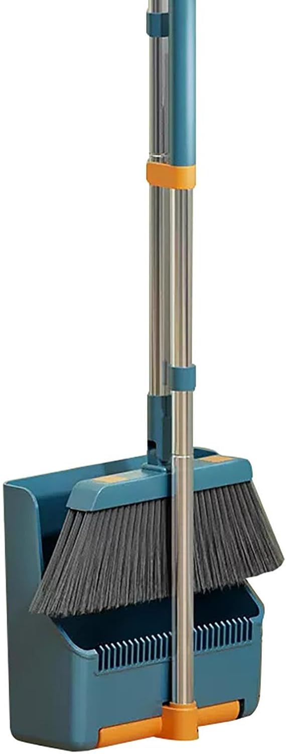 Broom and Dustpan Set with Long Handle and 180° Swiveling Head