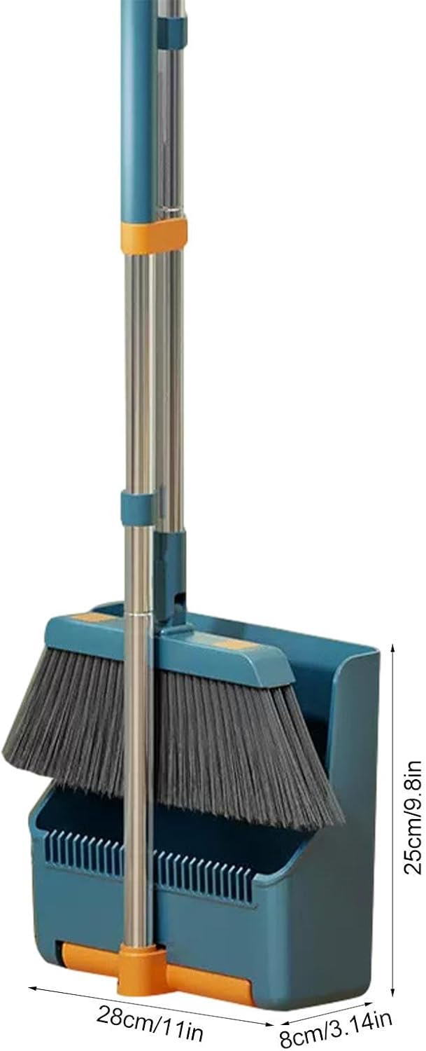Broom and Dustpan Set with Long Handle and 180° Swiveling Head