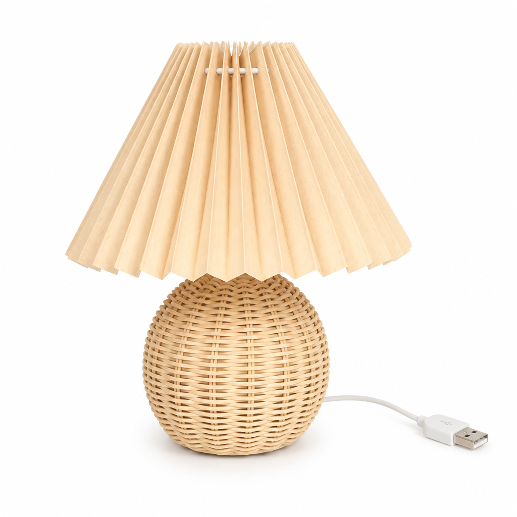 Pleated Fabric Shade & Rattan Base Table Lamp (USB Plug-In)