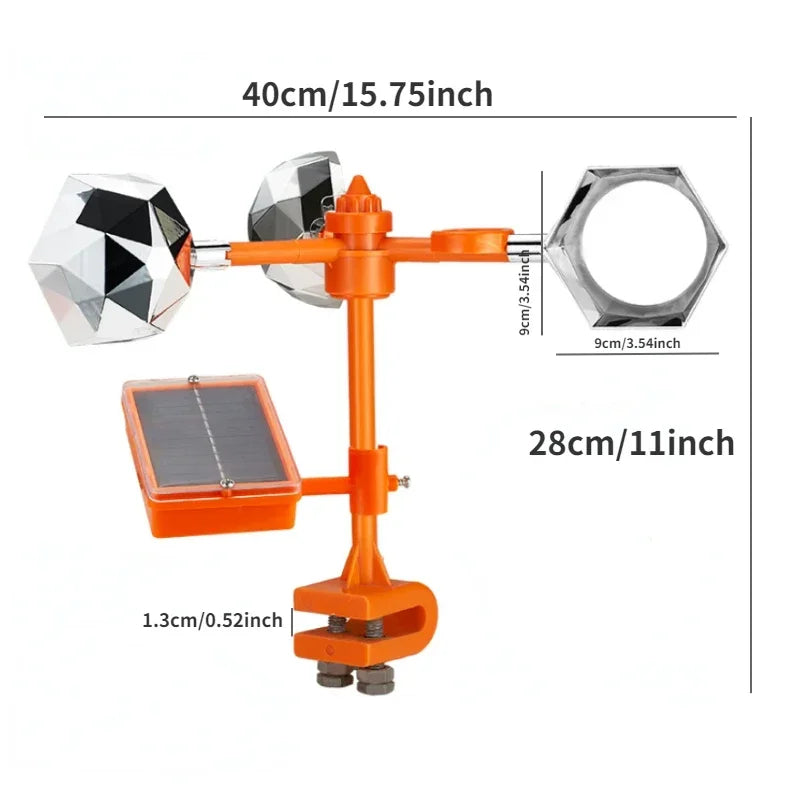 Solar-Powered Rotating Bird Scare Device with Reflective Features