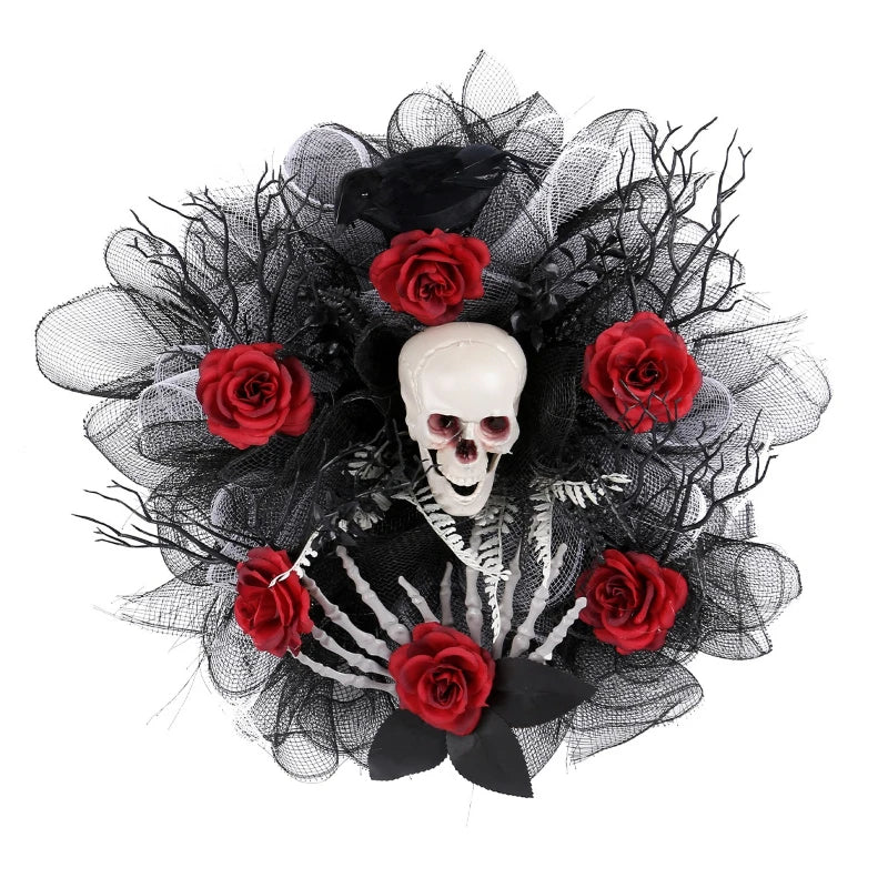 Gothic Elegance Halloween Rose and Skull Door Wreath