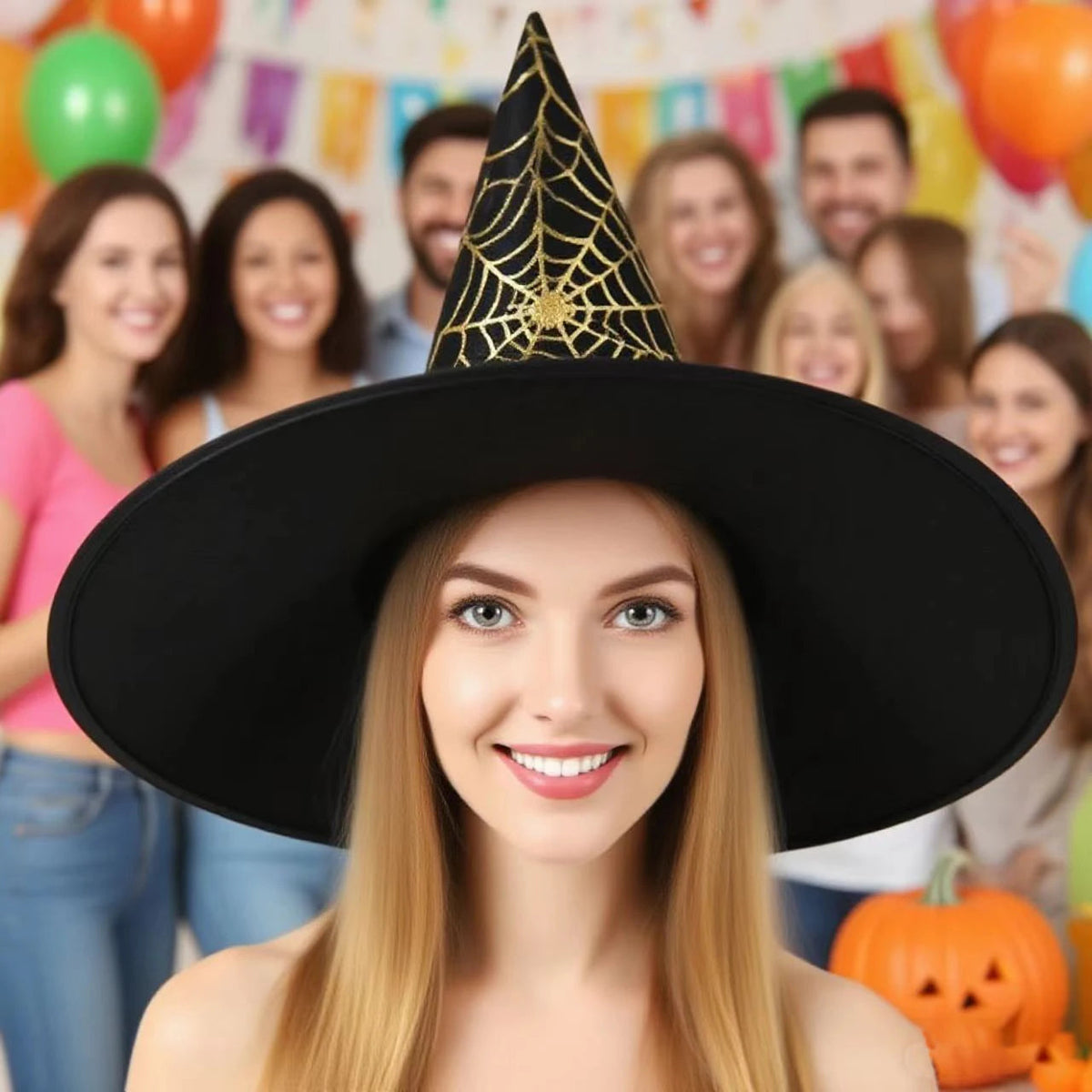 Vibrant Witch Hat with Spider Web Design for Halloween