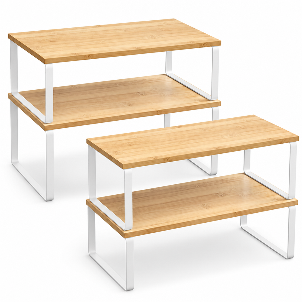 Stackable & Adjustable Metal Kitchen Shelf Organizer (Engineered Wood Shelves)