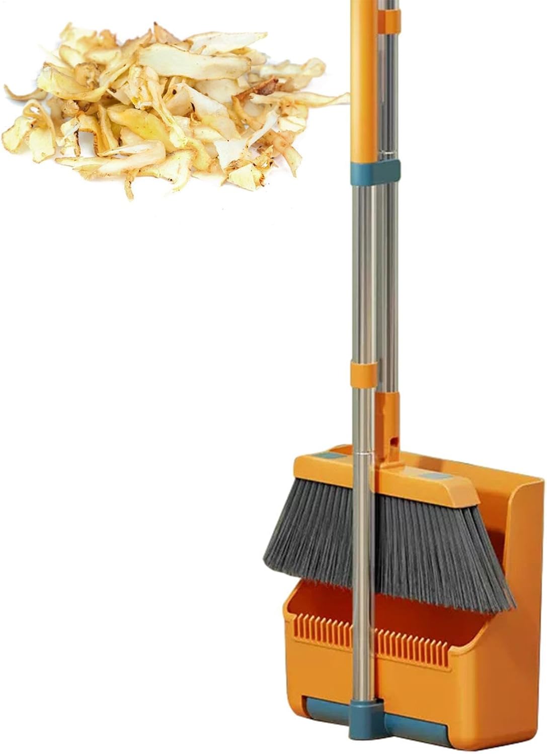 Broom and Dustpan Set with Long Handle and 180° Swiveling Head