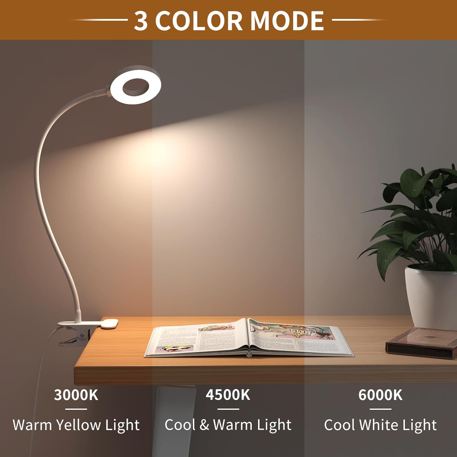 Flexible Gooseneck Desk Lamp with 3 Color Modes – Clip-On Design