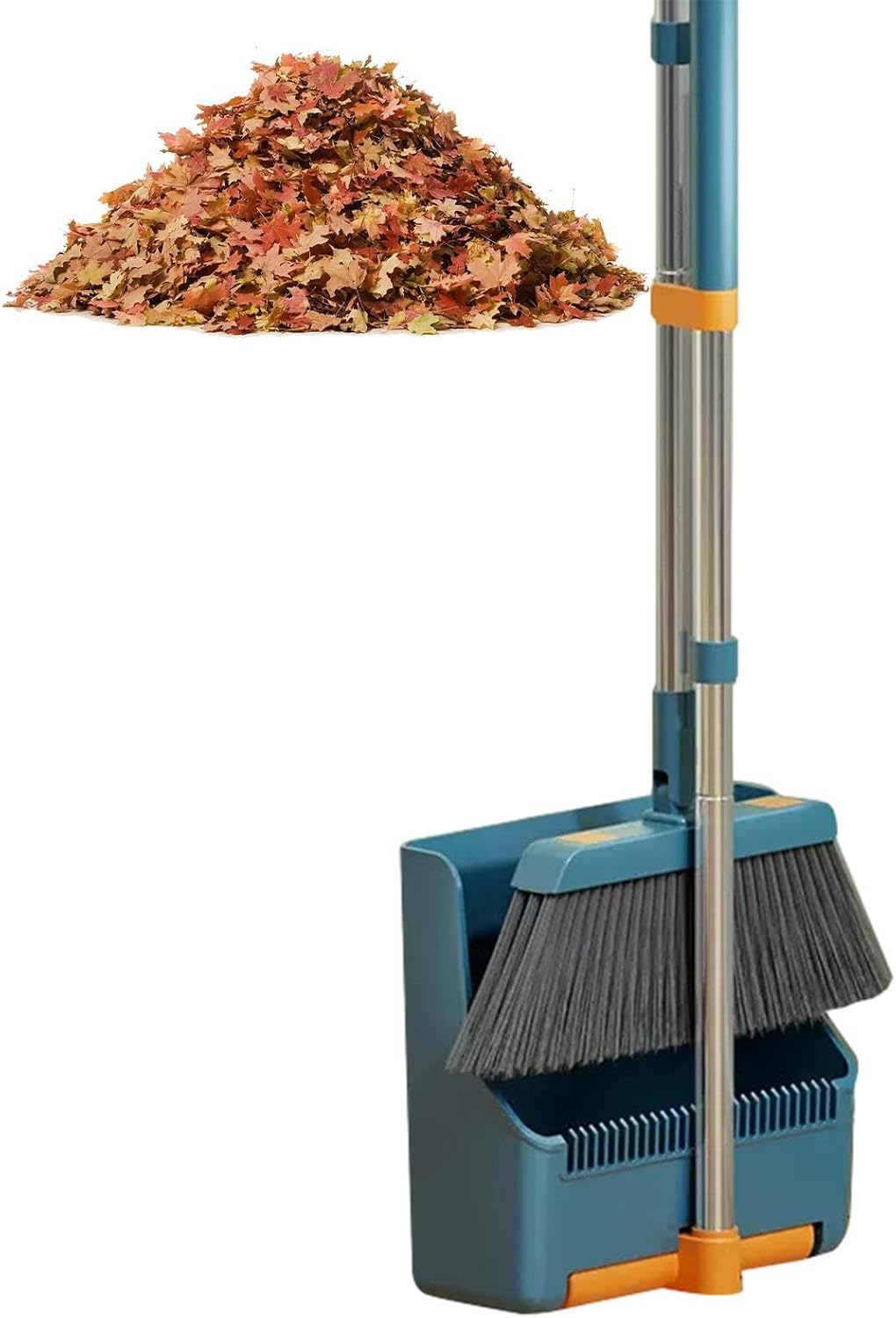 Broom and Dustpan Set with Long Handle and 180° Swiveling Head