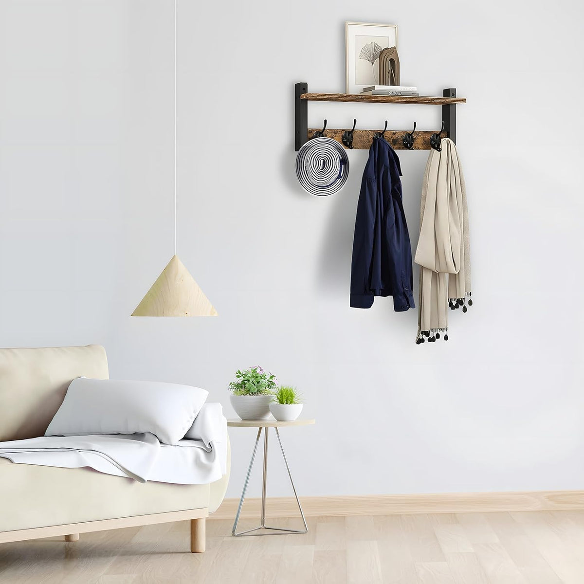 Coat Rack with Shelf and 5 Metal Hooks for Wall Mounting