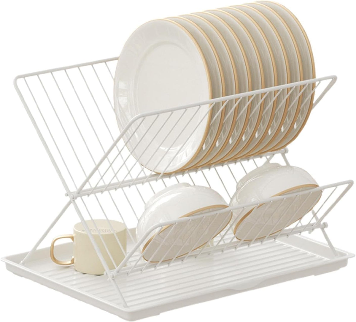 2-Tier Kitchen Drying Rack with Removable Tray – Foldable Dish Drainer