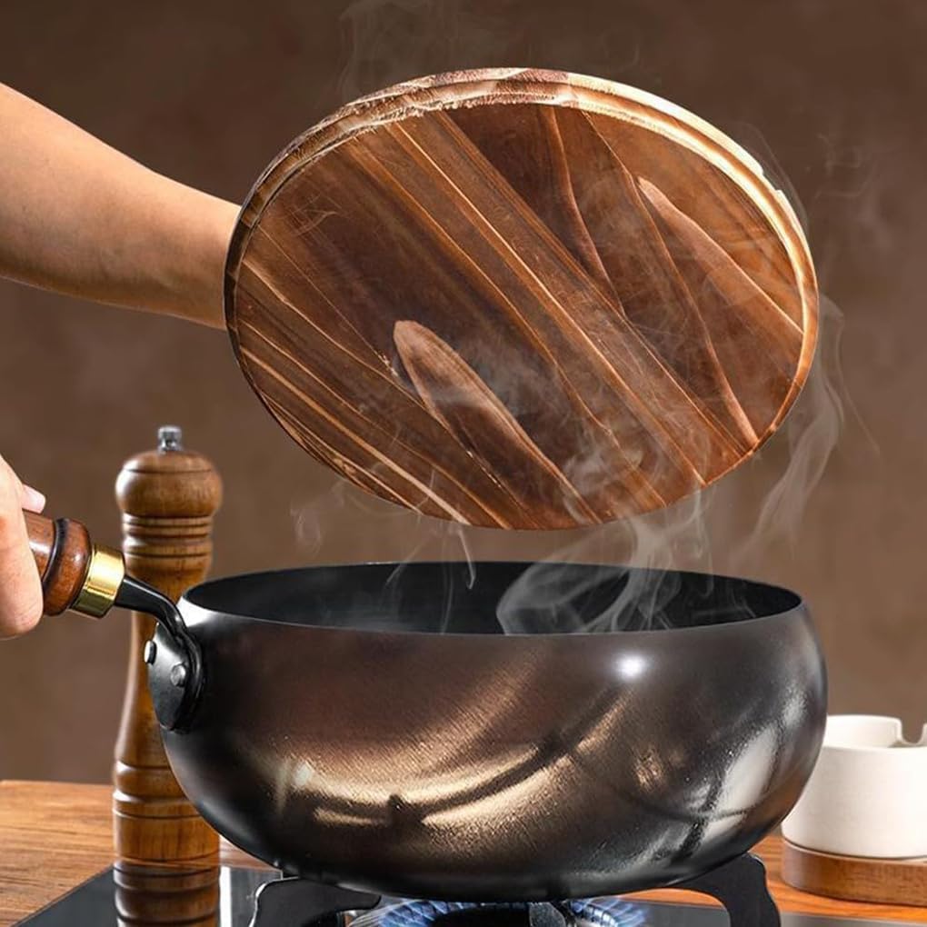 Handcrafted Iron Skillet with Wooden Handle – 24–28 cm