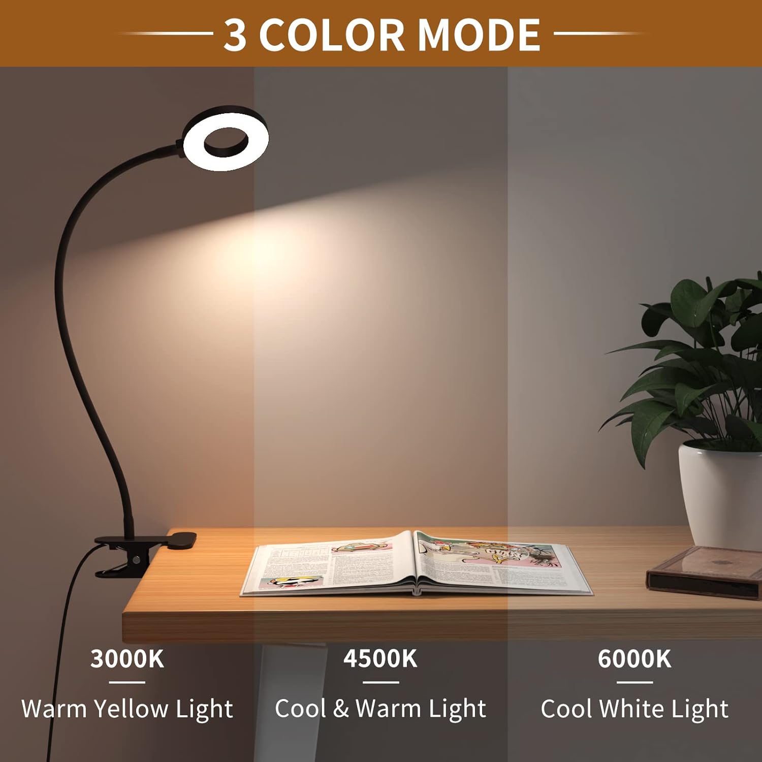 Flexible Gooseneck Desk Lamp with 3 Color Modes – Clip-On Design