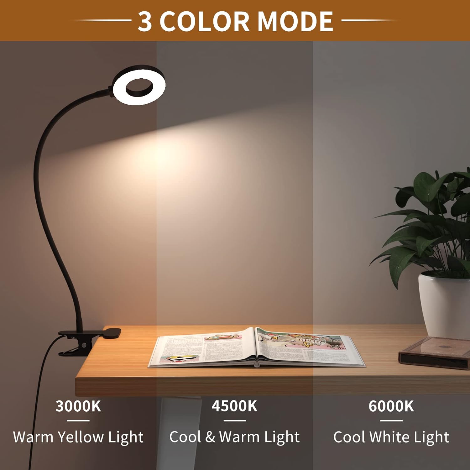 Flexible Gooseneck Desk Lamp with 3 Color Modes – Clip-On Design