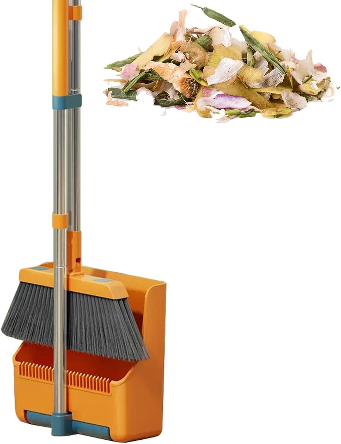 Broom and Dustpan Set with Long Handle and 180° Swiveling Head
